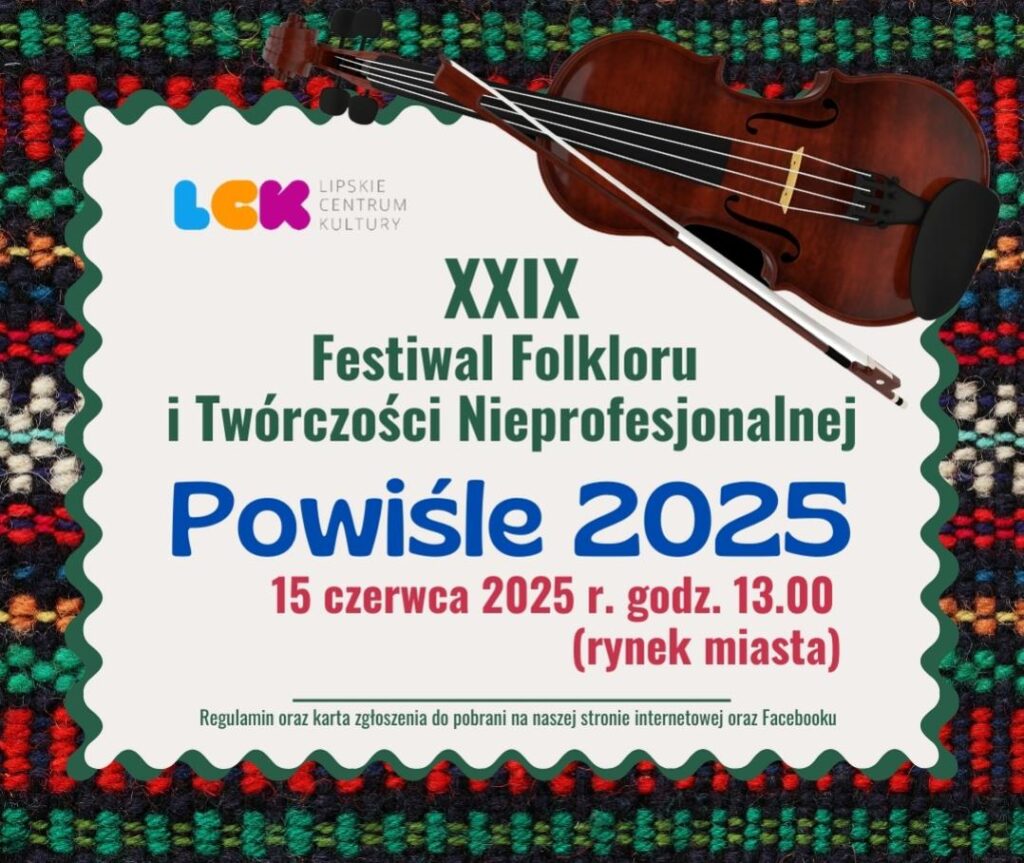 Grafika przewodnia z graficznymi elementami folkloru, nazwą oraz miejscem i datą realizacji wydarzenia.