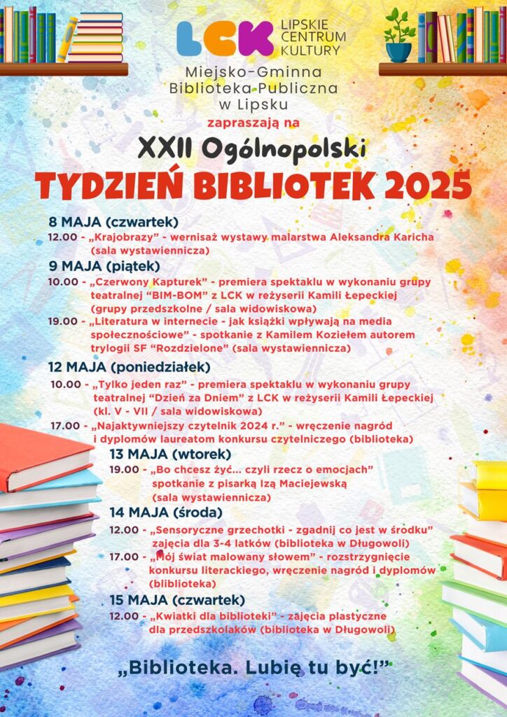 Plakat wydarzenia z jego nazwą i datą realizacji oraz szczegółowym programem. Kolorowe tło z książkami i półkami na książki.