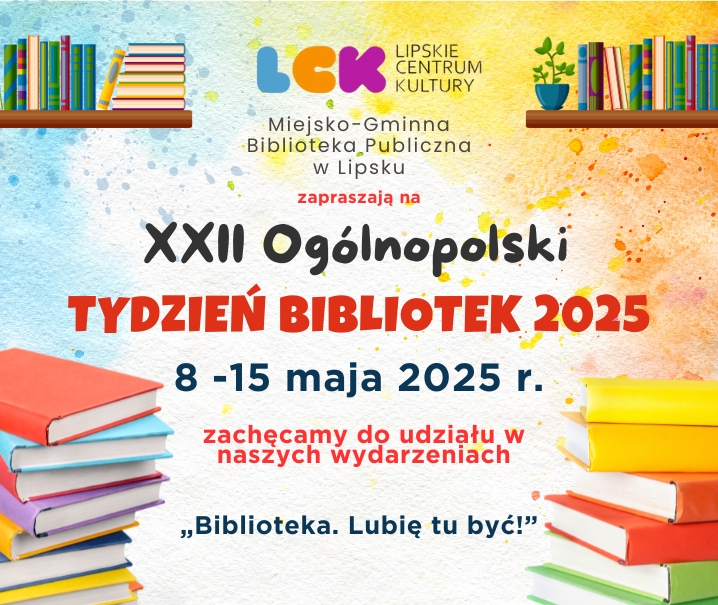 Grafika przewodnia wydarzenia z jego nazwą i datą realizacji. Kolorowe tło z książkami i półkami na książki.