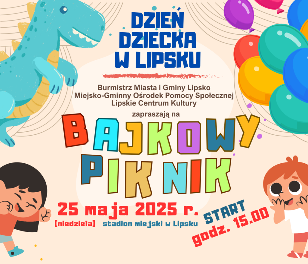 Grafika promująca z podstawowymi informacjami o wydarzeniu (nazwa, data, miejsce, organizatorzy) na na jasno kolorowym kolorowym tle z grafikami balonów, dzieci oraz zabawek.