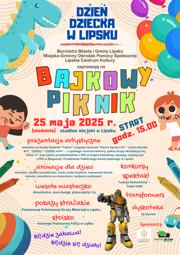 Plakat promujący z podstawowymi informacjami o wydarzeniu (nazwa, data, miejsce, punkty programu) na jasno kolorowym kolorowym tle z grafikami balonów, dzieci zabawek oraz logotypami sponsorów.