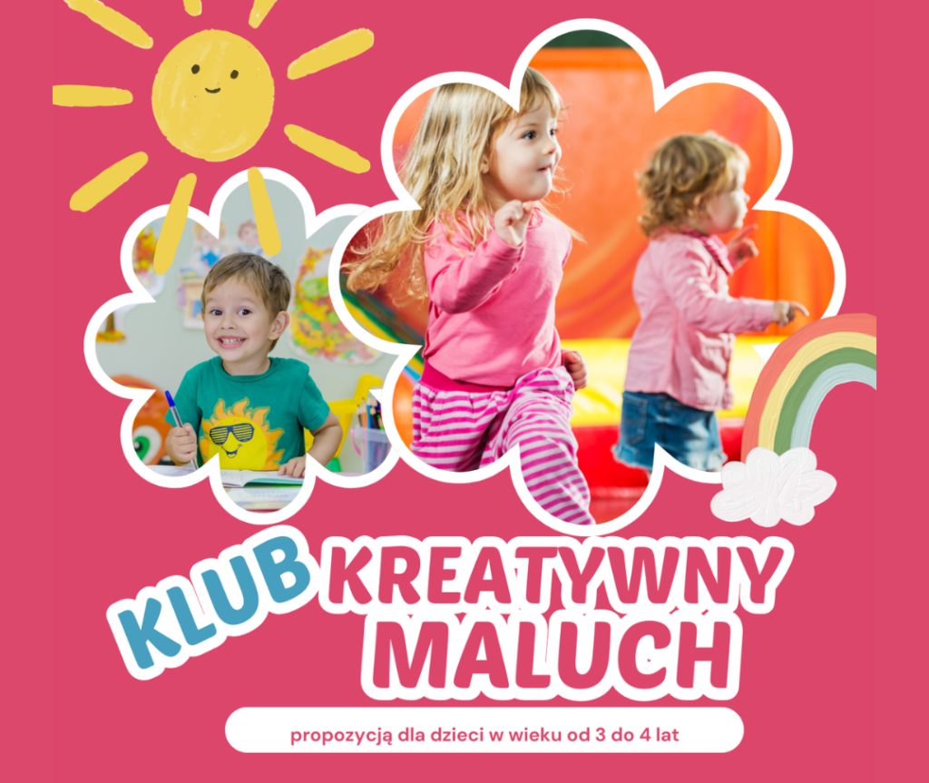 Kolorowa grafika dzieci w ramkach w kształcie chmurek. z nazwą zajęć, dla kogo są kierowane. Tło różowe. W górnym lewym rogu rysunkowe uśmiechnięte słońce.