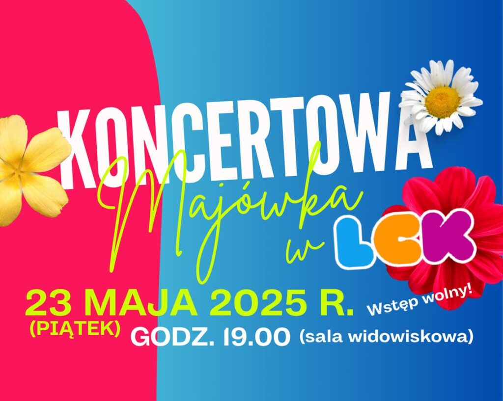 Grafika promująca wydarzenie z podstawowymi informacjami o spektaklu (nazwa, data, miejsce) na kolorowym niebiesko różowym tle z elementami kolorowych kwiatów.