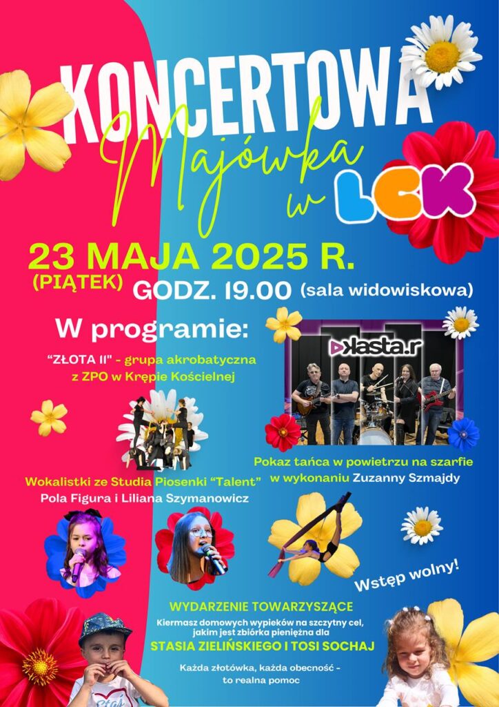 Plakat promujący wydarzenie z podstawowymi informacjami o spektaklu (nazwa, data, miejsce, punkty programu) na kolorowym niebiesko różowym tle z elementami kolorowych kwiatów i zdjęciami.