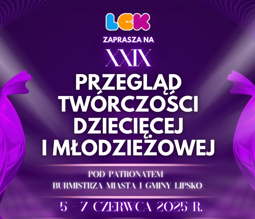 Fioletowa grafika z podstawowymi informacjami o wydarzeniu (nazwa, data i miejsce) oraz logotyp jednostki kultury.