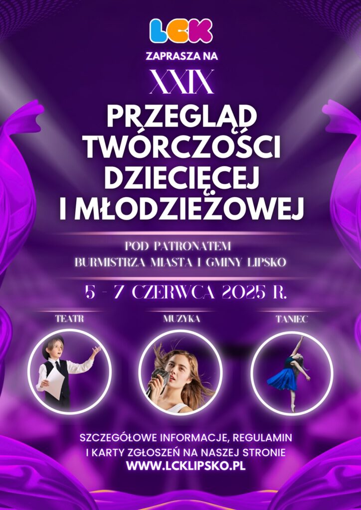 Plakat promujący wydarzenie z dominującym fioletowym tłem oraz podstawowymi informacjami o wydarzeniu (nazwa, data, miejsce i nazwami kategorii z okrągłymi zdjęcia adekwatnymi do stylu kategorii) oraz logotyp jednostki kultury.