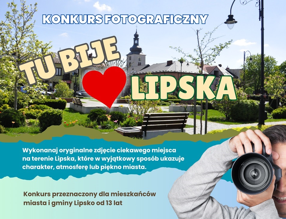 Grafika promująca z podstawowymi informacjami o wydarzeniu (nazwa, wytyczne) na kolorowym tle z grafikami ze zdjęciem miasta i osoby fotografującej.