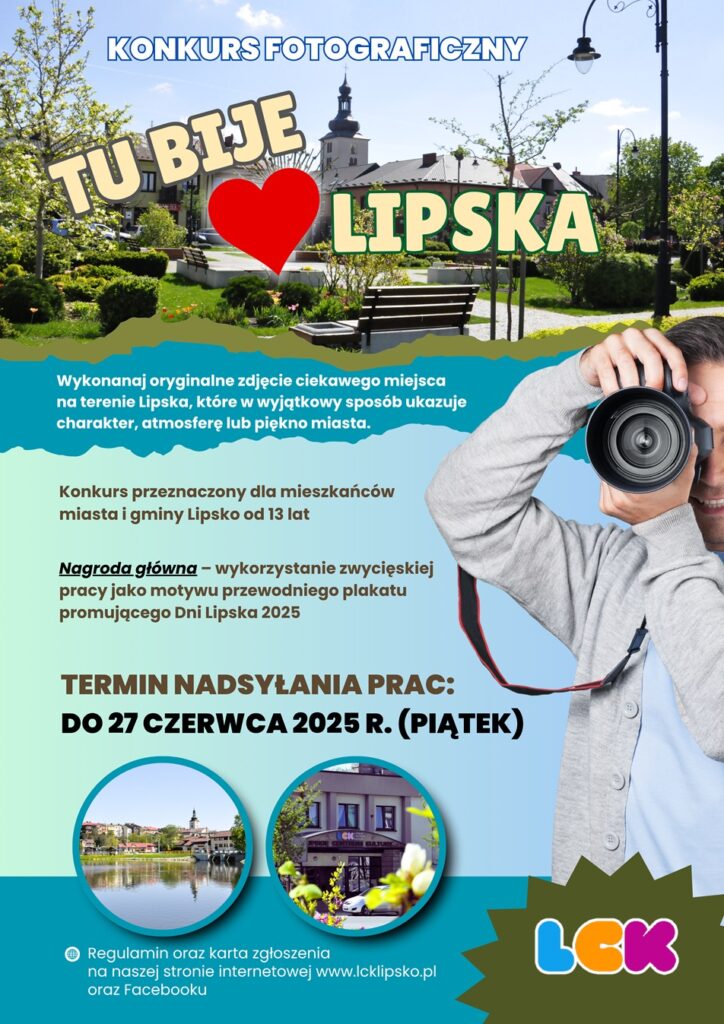 Plakat promujący z podstawowymi informacjami o konkursie (nazwa, wytyczne, data nadsyłania prac) na kolorowym tle z grafikami ze zdjęciami miasta, osoby fotografującej i logotypem jednostki kultury.
