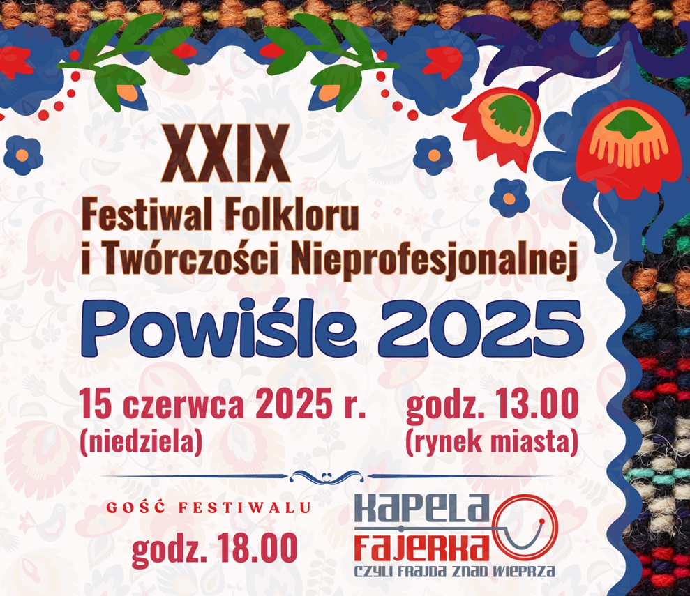 Grafika promująca z podstawowymi informacjami o wydarzeniu (nazwa, data, miejsce gość festiwalu) na kolorowym tle z elementami symboliki folkloru.