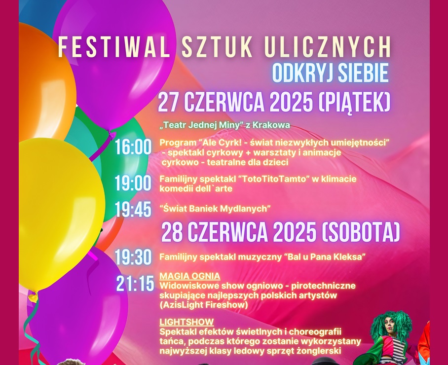 Grafika promująca z podstawowymi informacjami o wydarzeniu (nazwa, data, program) na kolorowym tle z dużym elementem graficznym kolorowych balonów.