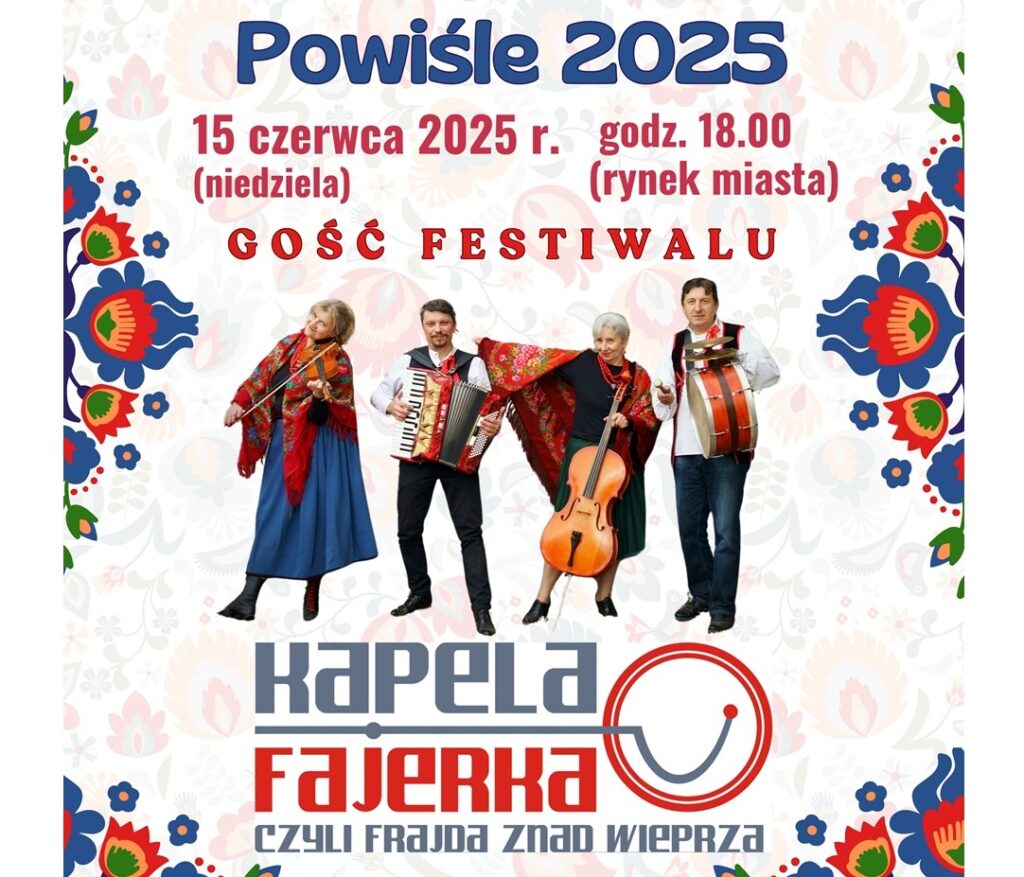 Grafika promująca z podstawowymi informacjami o wydarzeniu (nazwa, data, nazwą gościa festiwalu) na kolorowym tle z elementami symboliki folkloru i zdjęciem członków kapeli.