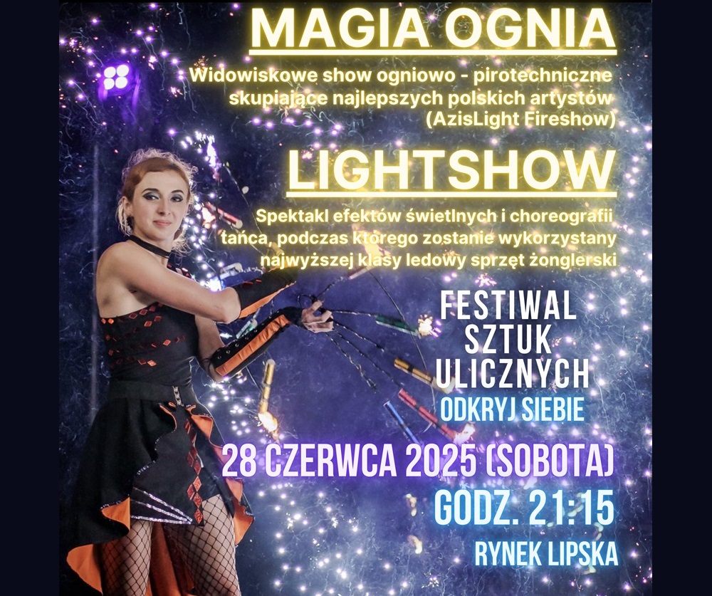 Baner promujący z podstawową informacją o wydarzeniu (nazwa, opis, data) na czarno-granatowym tle z efektami pirotechnicznymi i tancerką w czarno-brązowej sukience.