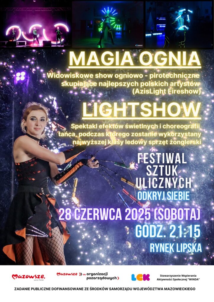 plakat promujący z podstawową informacją o wydarzeniu (nazwa, opis, data) na czarno-granatowym tle z efektami pirotechnicznymi i tancerką w czarno-brązowej sukience oraz informacja o dofinansowaniu i logotypy organizatorów.