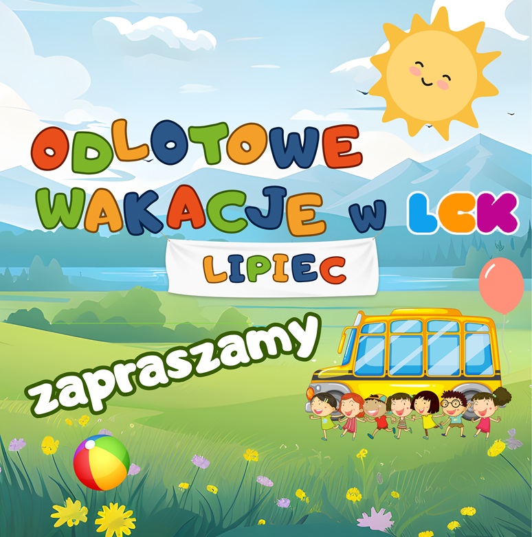 Baner promujący z podstawową informacją o wydarzeniu (nazwa) na kolorowym tle letniego, rysunkowego krajobrazu z rysunkowymi dziećmi przy autobusie, słońcem i piłką.