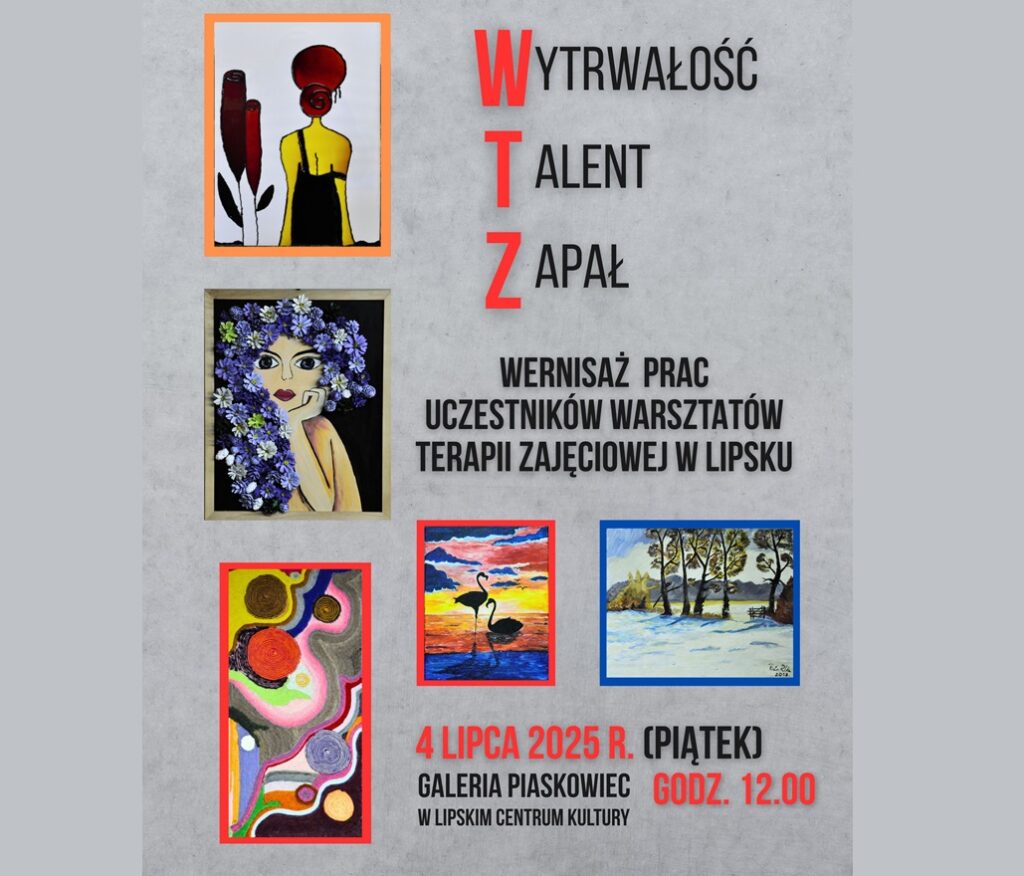 Baner promujący z podstawową informacją o wydarzeniu (nazwa, data, godzina, miejsce) na szarym tle z kilkoma pracami uczestników.