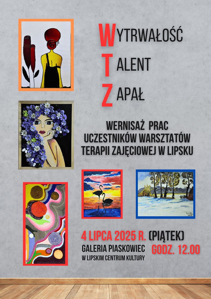 Baner promujący z podstawową informacją o wydarzeniu (nazwa, data, godzina, miejsce) na szarym tle z kilkoma pracami uczestników.
