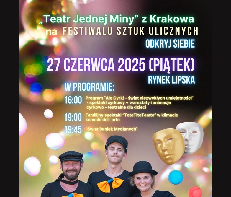 Baner promujący z podstawową informacją o wydarzeniu (nazwa, opis, data, program opisany w godzinach) na kolorowym tle ze zdjęciem trójki artystów w czarnych kapeluszach i pomarańczowymi, wielkimi kokardami oraz elementem graficznym masek teatralnych.