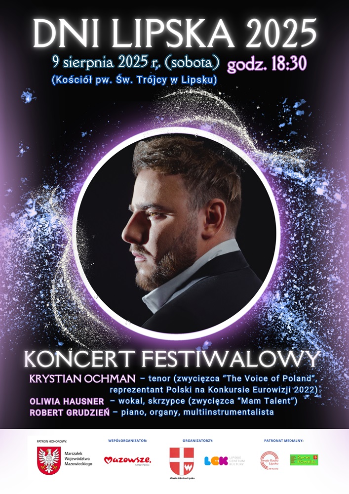 Plakat promujący z podstawowymi informacjami o wydarzeniu (nazwa, data, godzina miejsce) na czarno-fioletowym tle ze zdjęciam i nazwami artystów, logotypami organizatorów, współorganizatorów i patronatów medialnych.