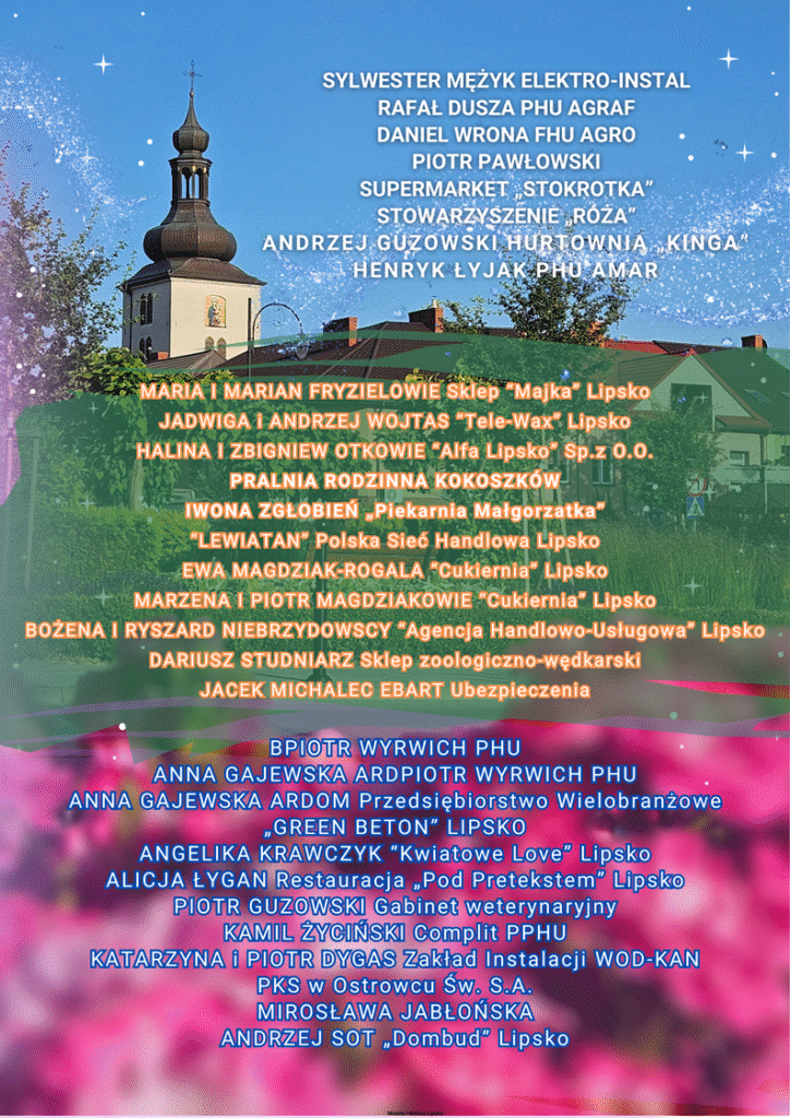 Lista osób instytucji i firm zaangażowanych w organizację. W tle kolorowe zdjęcie panoramy Lipska z wieżą kościelną.