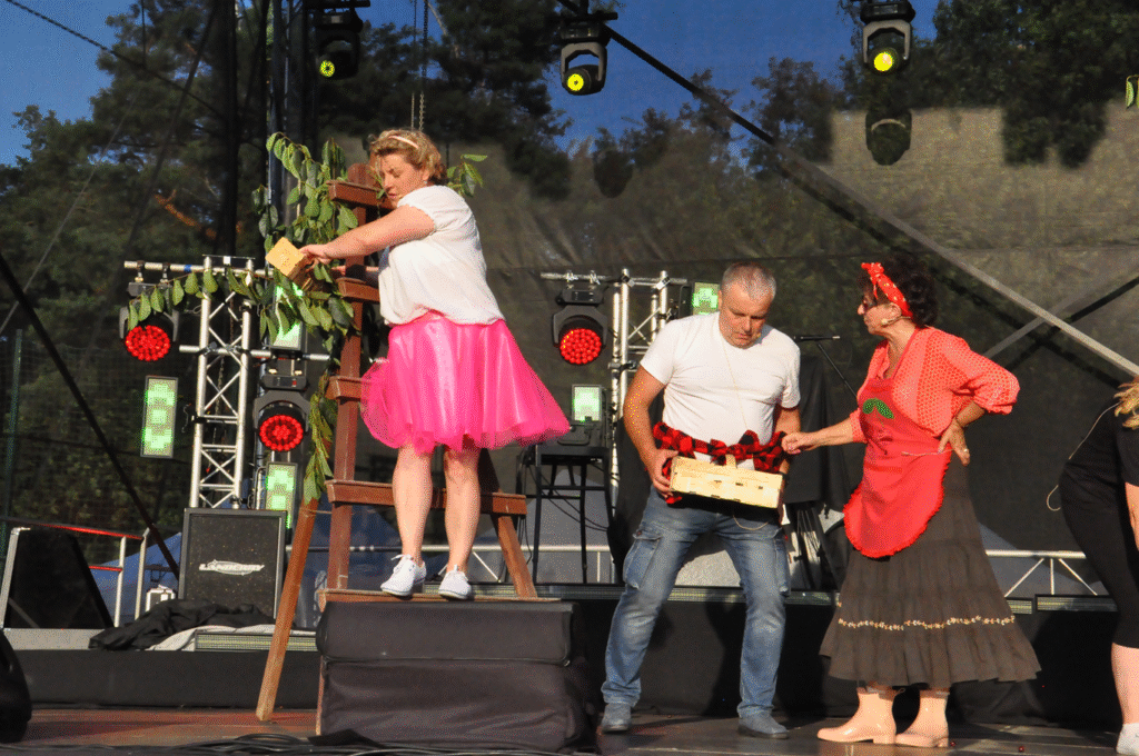 Kobieta w różowej sukience stoi na drabinie obok niej stoi mężczyzna, trzyma koszyk, a obok niego stoi kobieta w czerwonym fartuszku. Za nimi sprzęty elektroniczne.