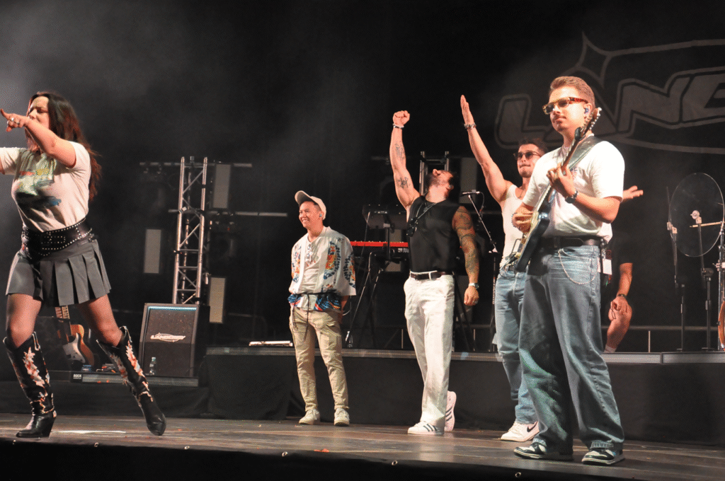 Pięć osób. Jedna kobieta i czterech mężczyzn. Niektórzy wznoszą ręce do góry. Wieczorna scena plenerowa.