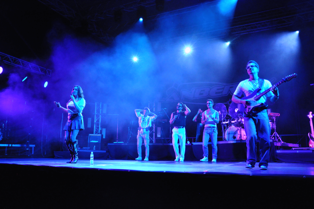 Pięć osób. Jedna kobieta i czterech mężczyzn. Niektórzy wznoszą ręce do góry. Mężczyzna z przodu trzyma gitarę elektryczną. Wieczorna scena plenerowa.