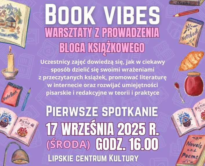 Baner promujący z podstawowymi informacjami o wydarzeniu (nazwa, data, miejsce, krótki opis) na jasnofioletowym tle z elementami graficznymi książek i szkolnych przyborów.