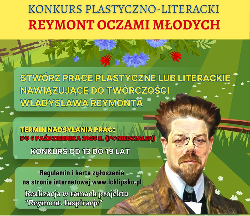 Baner promujący konkurs z podstawowymi informacjami (nazwa, data, opis) na zielono żółtym tle z malowaną sylwetką Władysława Reymonta.