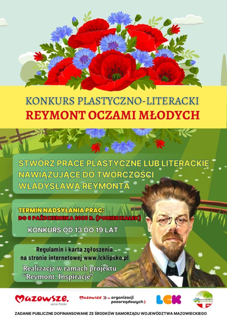 Plakat promujący konkurs z podstawowymi informacjami (nazwa, data, opis) na zielono żółtym tle z malowaną sylwetką Władysława Reymonta oraz logotypami organizatorów i informacją o dofinansowaniu.