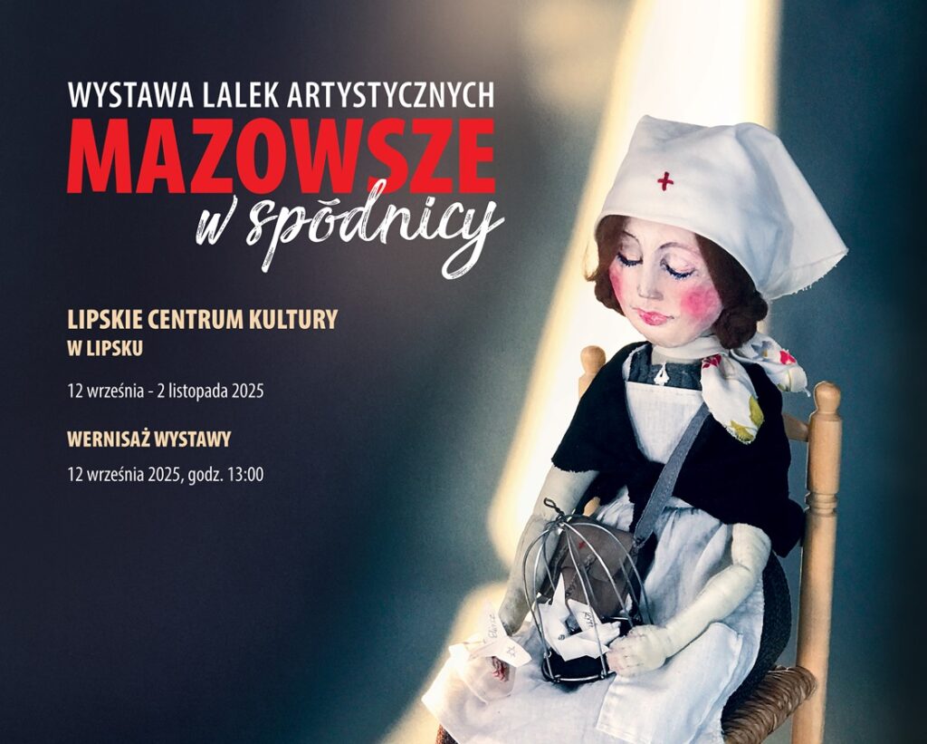 Baner promujący z podstawowymi informacjami o wydarzeniu (nazwa, data, miejsce) na ciemnoszarym tle z grafiką lalki w stroju pielęgniarki.