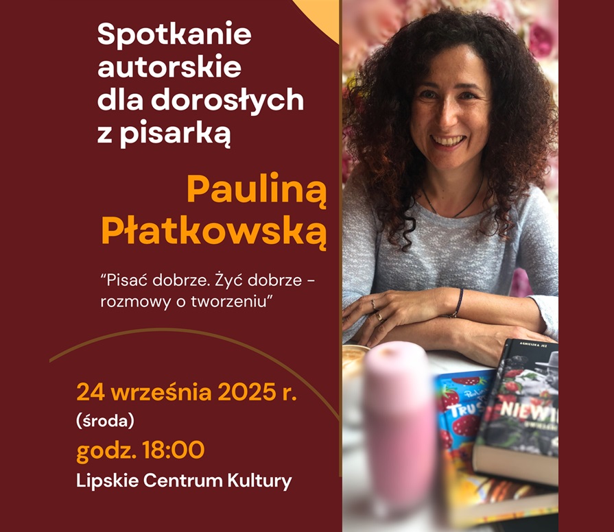 Baner promujący z podstawowymi informacjami o wydarzeniu (nazwa, data, godzina, krótki opis) na bordowym tle ze zdjęciem autorki.