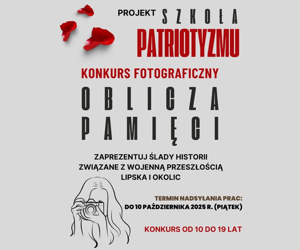 Baner promujący konkurs fotograficzny z podstawowymi informacjami (nazwa, data, opis) na szarym tle z rysunkową grafiką dziewczyny trzymającej aparat i trzema płatkami czerwonej róży.