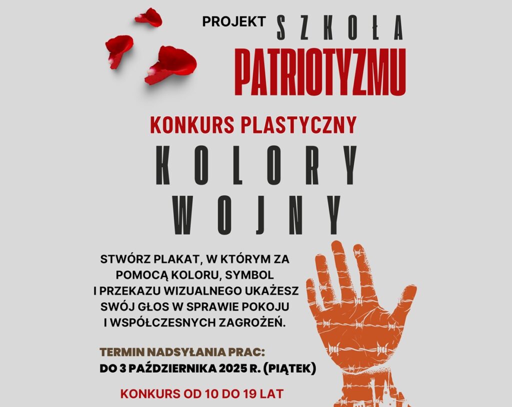 Baner promujący konkurs z podstawowymi informacjami (nazwa, data, podstawowe informacje) na szarym tle z grafiką dłoni z drutem kolczastym.