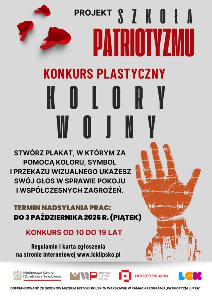 Plakat promujący konkurs z podstawowymi informacjami (nazwa, data, podstawowe informacje) na szarym tle z grafiką dłoni z drutem kolczastym, oraz logotypami organizatorów i informacją o dofinansowaniu.