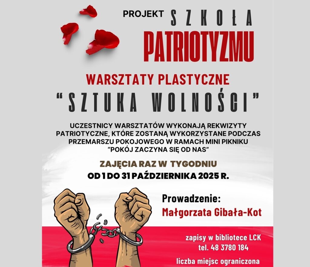 Baner promujący warsztaty z podstawowymi informacjami (nazwa, data, opis) na szaro-czerwonym tle z z grafiką ściśniętych pięści, które rozdzielają kajdany i trzema płatkami czerwonej róży.