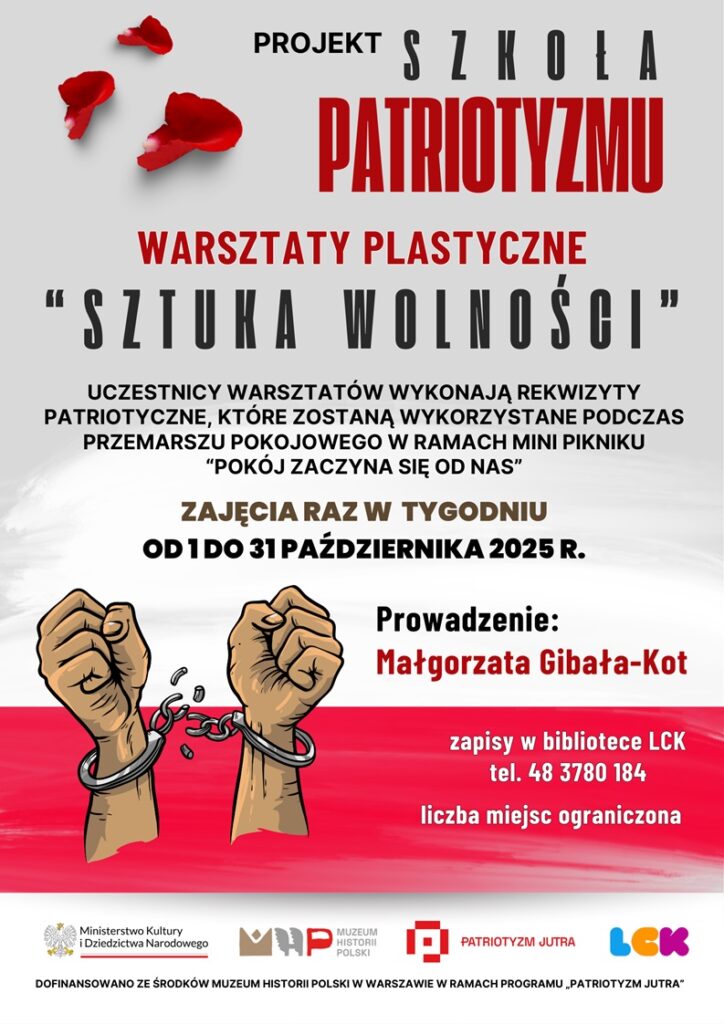 Plakat promujący warsztaty z podstawowymi informacjami (nazwa, data, opis) na szaro-czerwonym tle z z grafiką ściśniętych pięści, które rozdzielają kajdany i trzema płatkami czerwonej róży oraz logotypami organizatorów i informacją o dofinansowaniu.