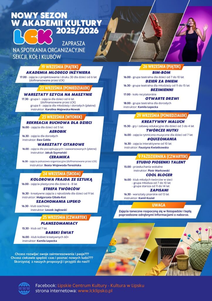 Plakat promujący z podstawowymi informacjami o wydarzeniach (nazwa, data, krótki opis) na jasnoniebieskim tle ze zdjęciami form artystycznych i zajęciowych w jednostce kultury.