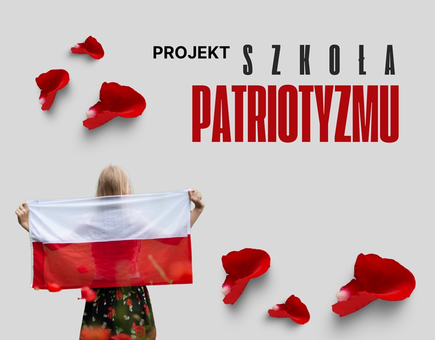 Baner promujący z nazwą projektu na szarym tle z grafiką dziewczyny w ludowym stroju trzymającą flagę Polski oraz kilka płatków czerwonych róż.