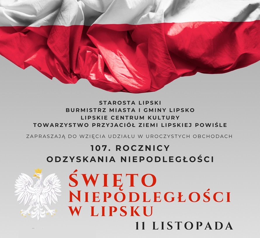 Baner promujący obchody z podstawowymi informacjami (nazwa, data, kto zaprasza) na szarym tle z grafiką polskiej flagi i godła narodowego.