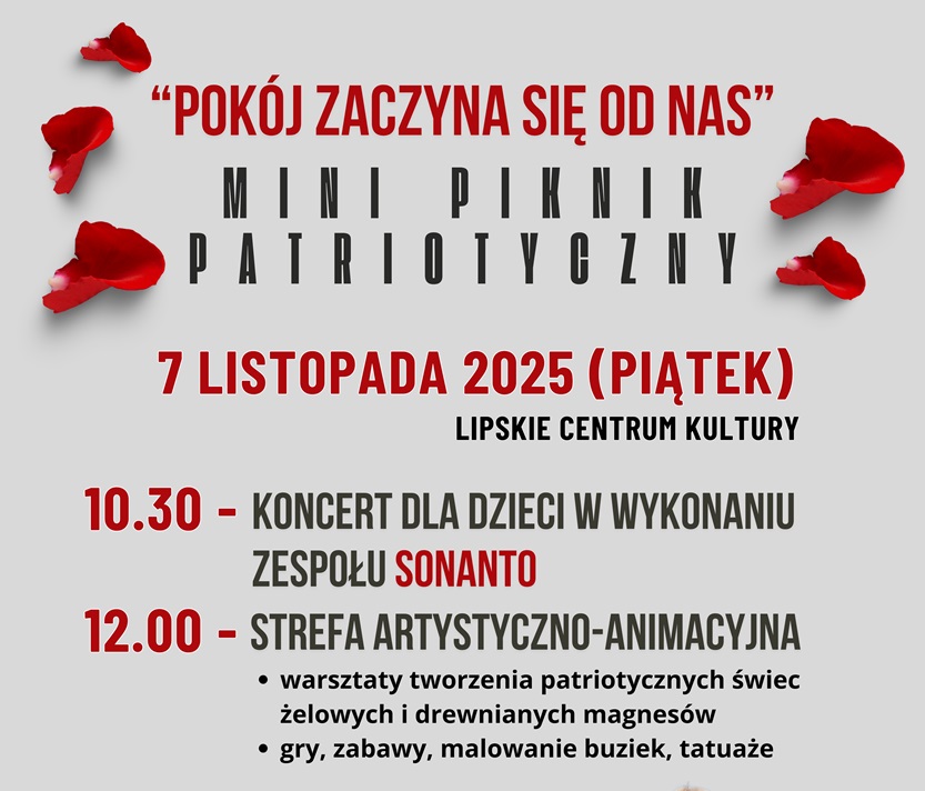 Baner promujący wydarzenie z podstawowymi informacjami (nazwa, data, program) na szarym tle z grafiką czerwonych płatków kwiatów.