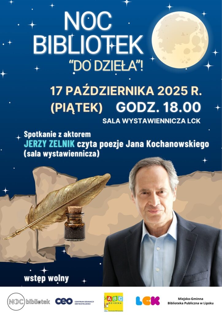 Plakat promujący wydarzenie z podstawowymi informacjami (nazwa, data, godziny, krótki opis, miejsca) na granatowym tle z grafiką księżyca w pełni, małymi gwiazdkami, zdjęciem aktora, grafiką starego pergaminu i kałamarzu z piórem oraz logotypami organizatorów.
