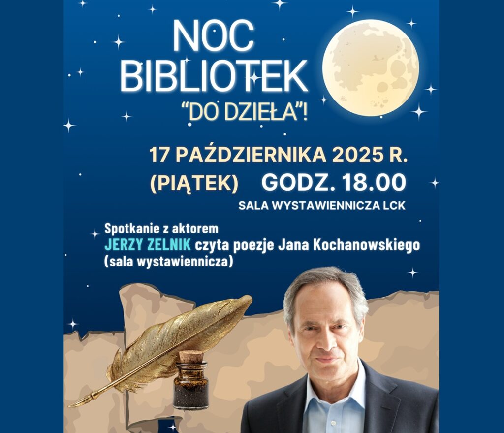 Baner promujący wydarzenie z podstawowymi informacjami (nazwa, data, godziny, krótki opis, miejsca) na granatowym tle z grafiką księżyca w pełni, małymi gwiazdkami, zdjęciem aktora, grafiką starego pergaminu i kałamarzu z piórem.