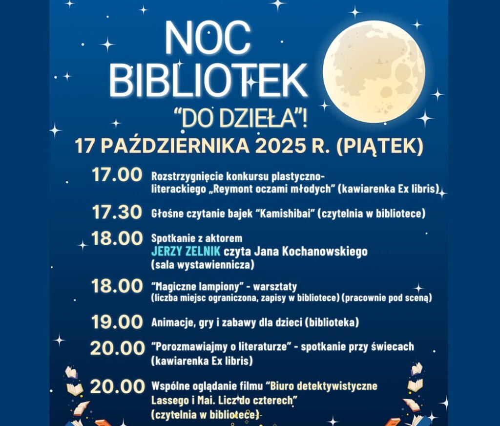 Baner promujący wydarzenie z podstawowymi informacjami (nazwa, data, godziny, krótki opis, miejsca) na granatowym tle z grafiką księżyca w pełni i małymi gwiazdkami.