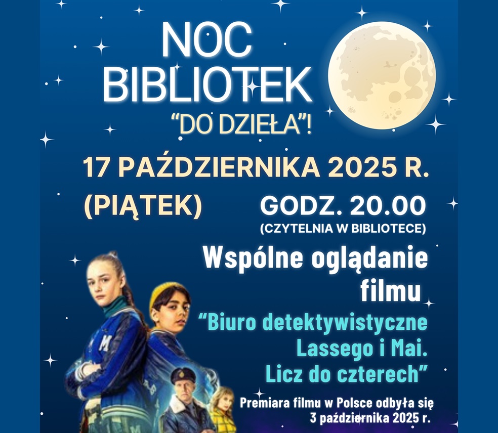 Baner promujący wydarzenie z podstawowymi informacjami (nazwa, data, godzina, krótki opis) na granatowym tle z grafiką księżyca w pełni, małymi gwiazdkami, oraz bohaterami filmu.