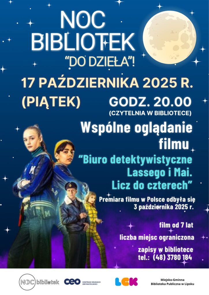 Plakat promujący wydarzenie z podstawowymi informacjami (nazwa, data, godzina, krótki opis) na granatowo-fioletowym tle z grafiką księżyca w pełni, małymi gwiazdkami, bohaterami filmu oraz logotypami organizatorów.