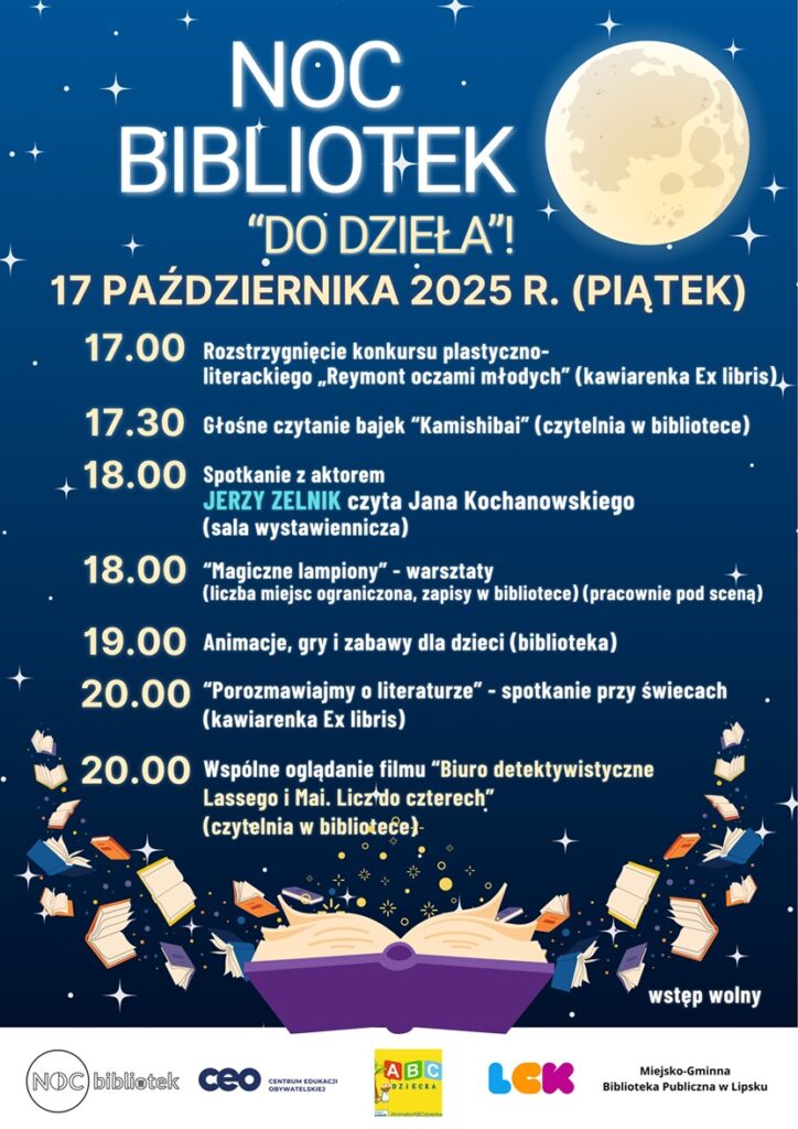 Plakat promujący wydarzenie z podstawowymi informacjami (nazwa, data, godziny, krótki opis, miejsca) na granatowym tle z grafiką księżyca w pełni, małymi gwiazdkami otwartej księgi i fruwającymi małymi książeczkami oraz logotypami organizatorów.
