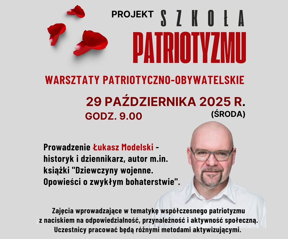 Baner promujący z podstawowymi informacjami o wydarzeniu (nazwa, data, miejsce, krótki opis, osoba prowadząca) na szarym tle z elementami graficznymi czerwonych płatków róży i zdjęciem prowadzącego.