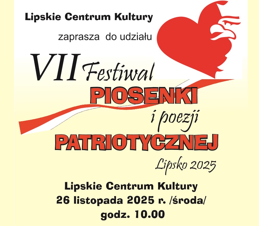 Baner promujący festiwal z podstawowymi informacjami (nazwa, data, miejsce) na żółtym tle z grafikami patriotycznymi.