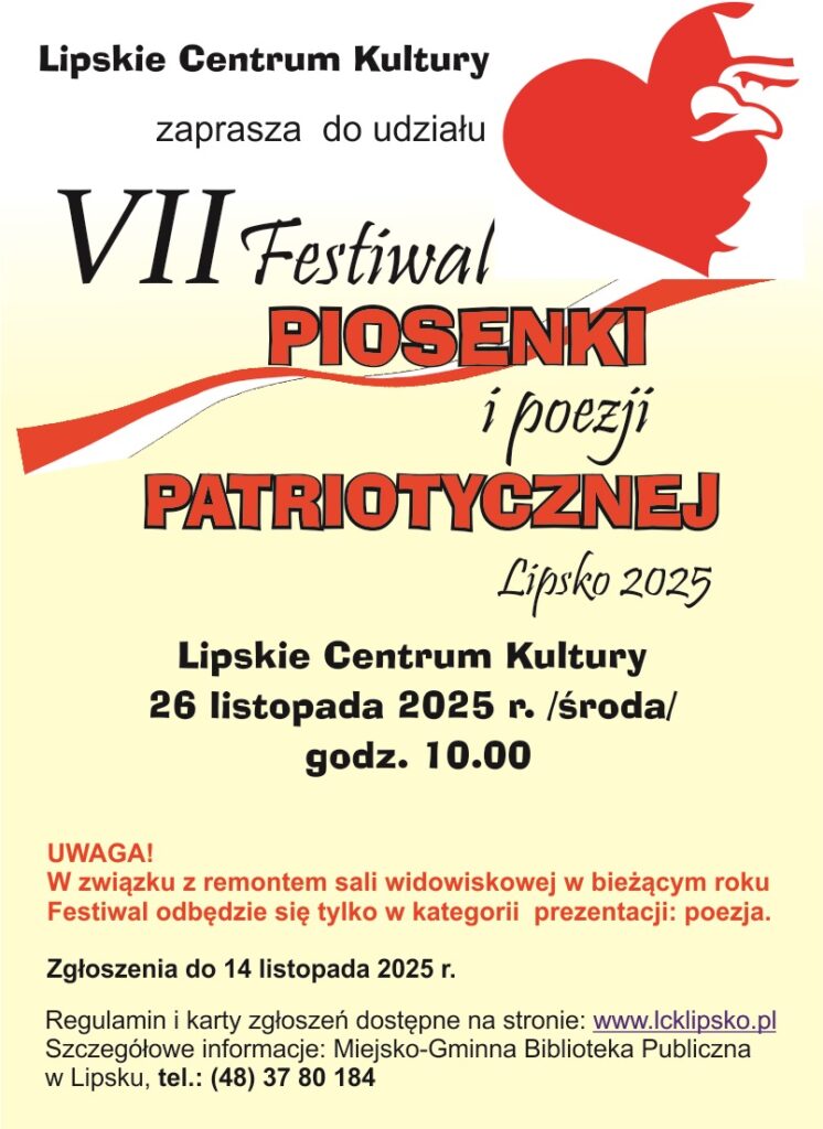 Plakat promujący festiwal z podstawowymi informacjami (nazwa, data, miejsce, itp.) na żółtym tle z grafikami patriotycznymi.