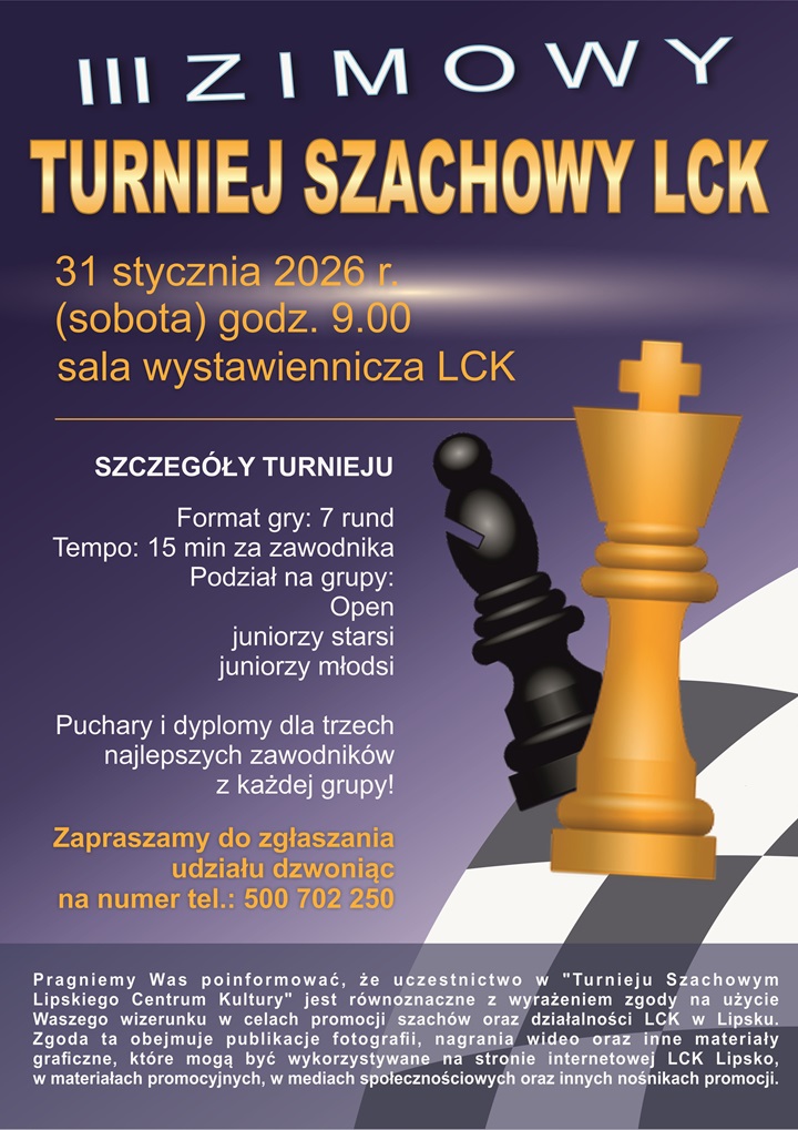 Plakat promujący turniej z podstawowymi informacjami (nazwa, data, szczegóły turnieju, zapisy) na fioletowym tle z motywem graficznym szachów i szachownicy.